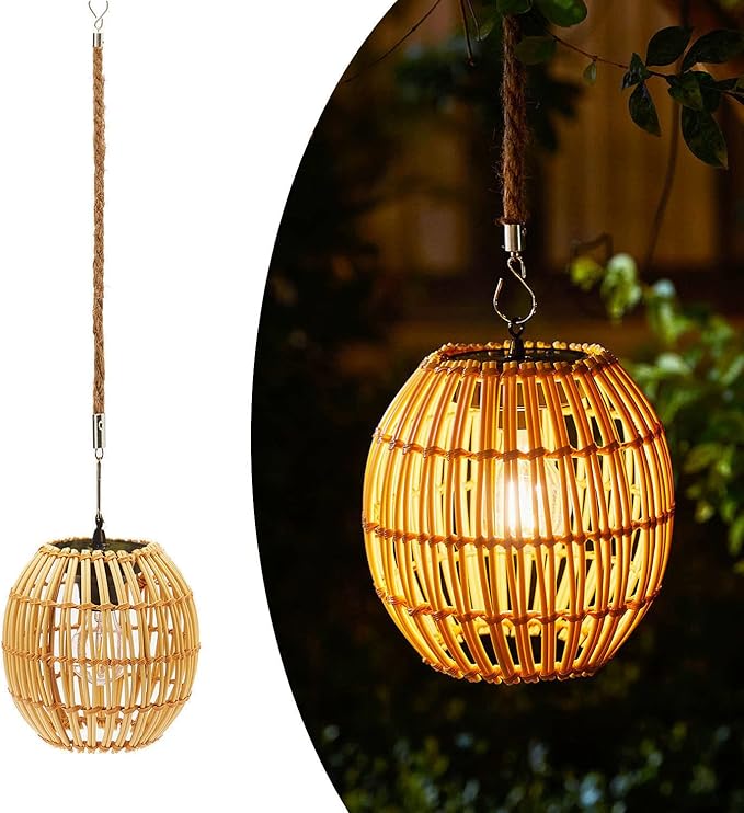 Hanging Solar Lantern Outdoor Waterproof, Large Solar Rattan Lantern Outdoor with Twine Handle, Bright Solar Outdoor Lights with Edison Bulb for Garden Patio Yard Decoration