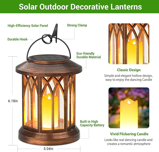 KOOPER 4 Pack Solar Lantern Outdoor Lights, Hanging Solar Lanterns Outdoor Decorative, Lanterns LED Flickering Flameless Candle Mission Lights for Yard Table Garden Decor