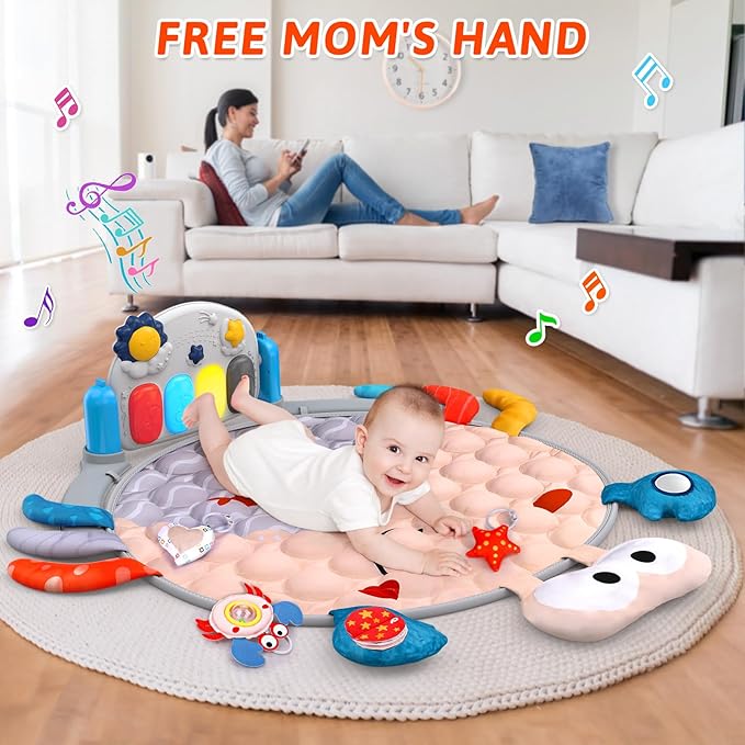 UMIKU Baby Play Mat Tummy Time Mat for Newborn Infant Piano Music & Light Musical Activity Center Baby Boy Girl Gifts for Baby Toys 3 6 9 12 Months, Crab Theme