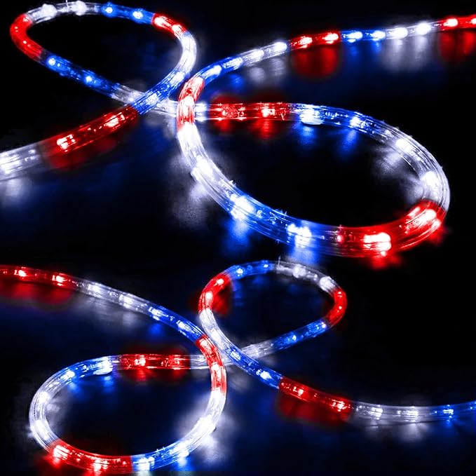 200ft LED Rope Lights Outdoor, 1440 LED Flexible Tube Lights with 8 Modes, Waterproof LED Rope Lighting for Independence Flag Day, Memorial Day, National Day, Outdoor,Indoor Decor (Red & White & Blue)