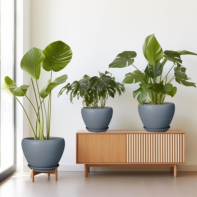 Ceramic Plant Pots - Large Planters for Indoor Plants 10 Inch 8 Inch 6 Inch Plant Pots with Drainage Holes and Saucer Fluted Round Flower Pots Outdoor Set of 3 Gray