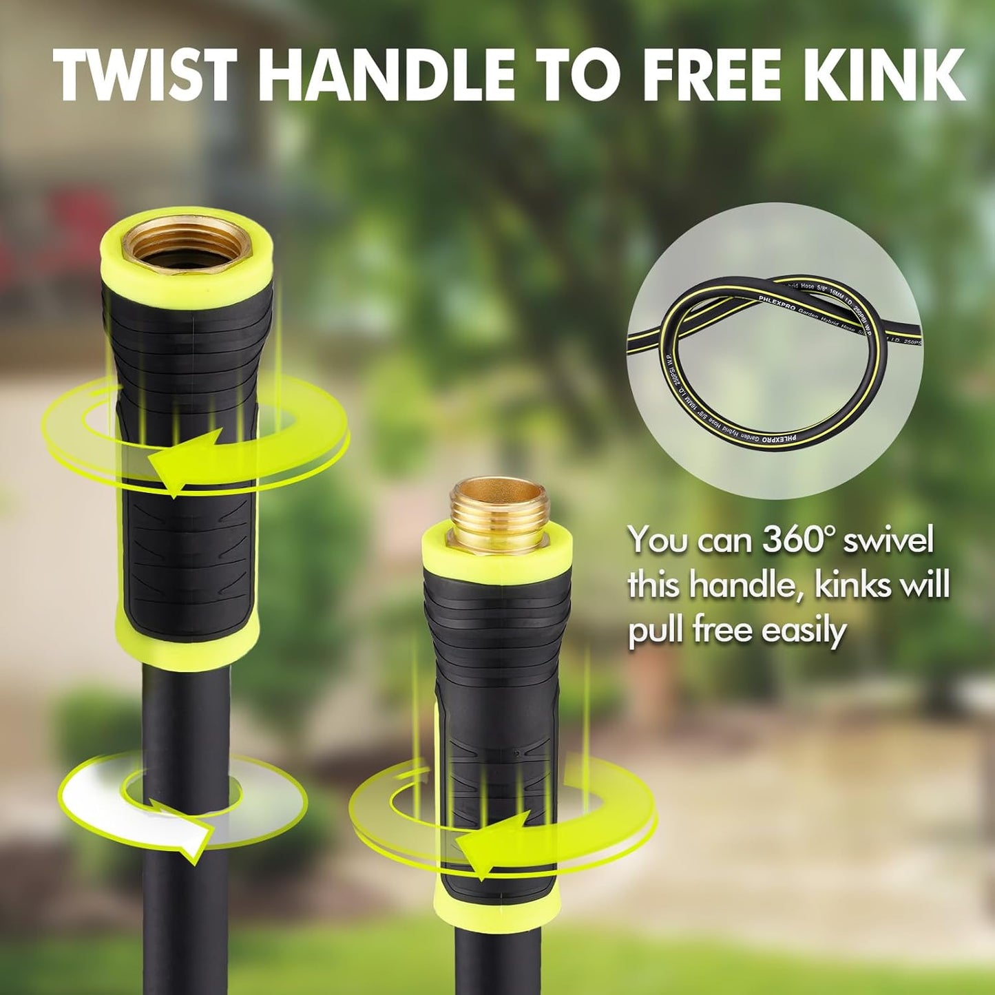 Garden Hose 200FT - PHLEX PRO Heavy-Duty Premium 5/8'' Rubber 3-Layer Water Hose with Full Brass Male to Female Fittings - Innovation Flexible Hybrid Lightweight Water Hose for RV Garden