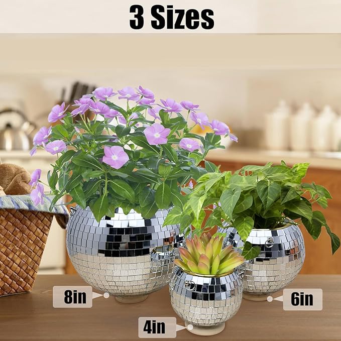 Disco Ball Planter, 6" Disco Planter with Hanging Chain & Hook & Ring Stand, Disco Ball Plant Hangers for Indoor and Outdoor Plants, Hanging Plant Holder(Silver, 1 Pack 6")