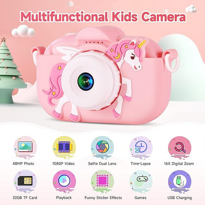 Kids Camera Toys for Ages 3 4 5 6 7 8 9 Girls, 48MP Dual Lens Toddler Digital Camera Christmas Birthday Gift, Kids Selfie Camera with 32G SD Card, Silicone Cover