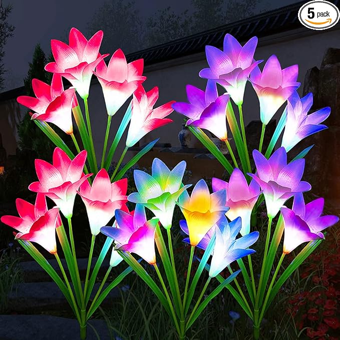 Solar Flowers - 5 Pack Lily Lights, 20 Flowers Lilies Outdoor Waterproof, Color Changing Garden Lights for Lawn, Yard Decoration