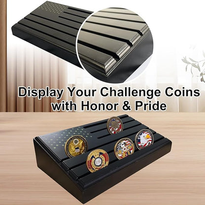 6-Row Military Challenge Coin Display Stand - Challenge Coin Holder with Rustic for Collectors Organize Medals & Memorabilia - Coin Holder for Home, Office, Showcase (Holds 30-36 Coins, American Flag ) (Black) (Black-Storage Box)