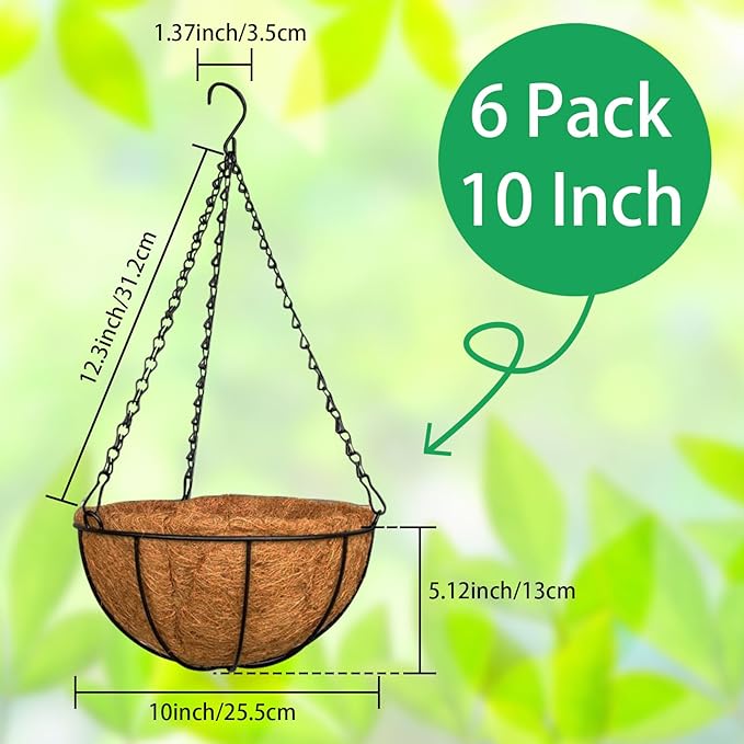 ZeeDix 6 Pack 10 Inch Metal Round Hanging Planter Basket with Coconut Liners Replacement, Hanging planters Baskets with Natural Coco Liner for Outdoor Indoor Planters Flowers Vegetables