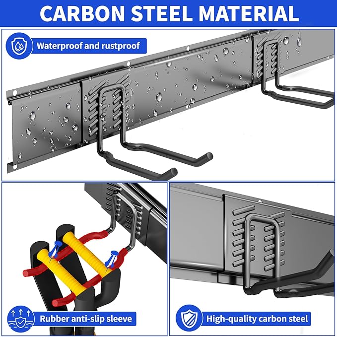 Garage Organization Tool Organizer Wall Mount, 48inch Heavy Duty Garden Tool organizer Storage System, Easy Install With 7 Adjustable Hooks, For Garage, Basement, Shed, Workshop(Black)