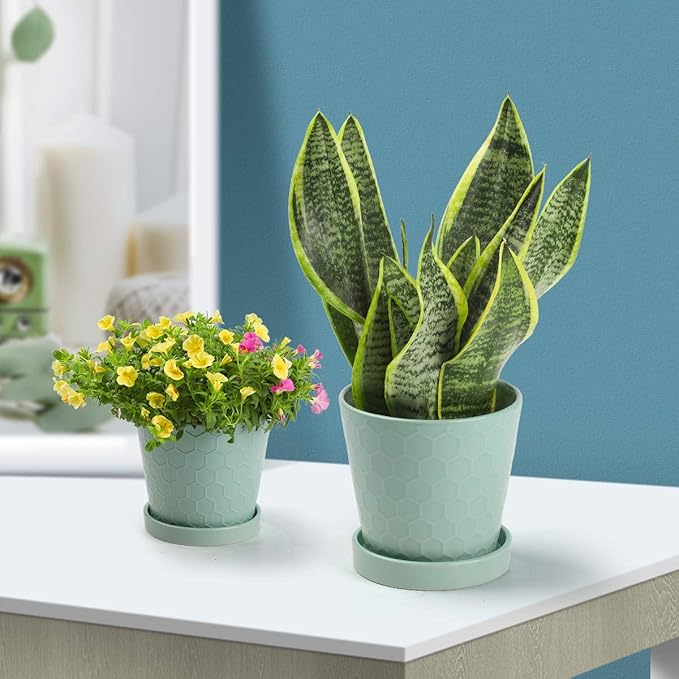Plant Pot –4”+5”+6” inch Ceramic Pots for Plants with Drainage Holes and Ceramic Tray - Gardening Home Desktop Office Windowsill Decoration Gift Set 3 - (Mint Green)