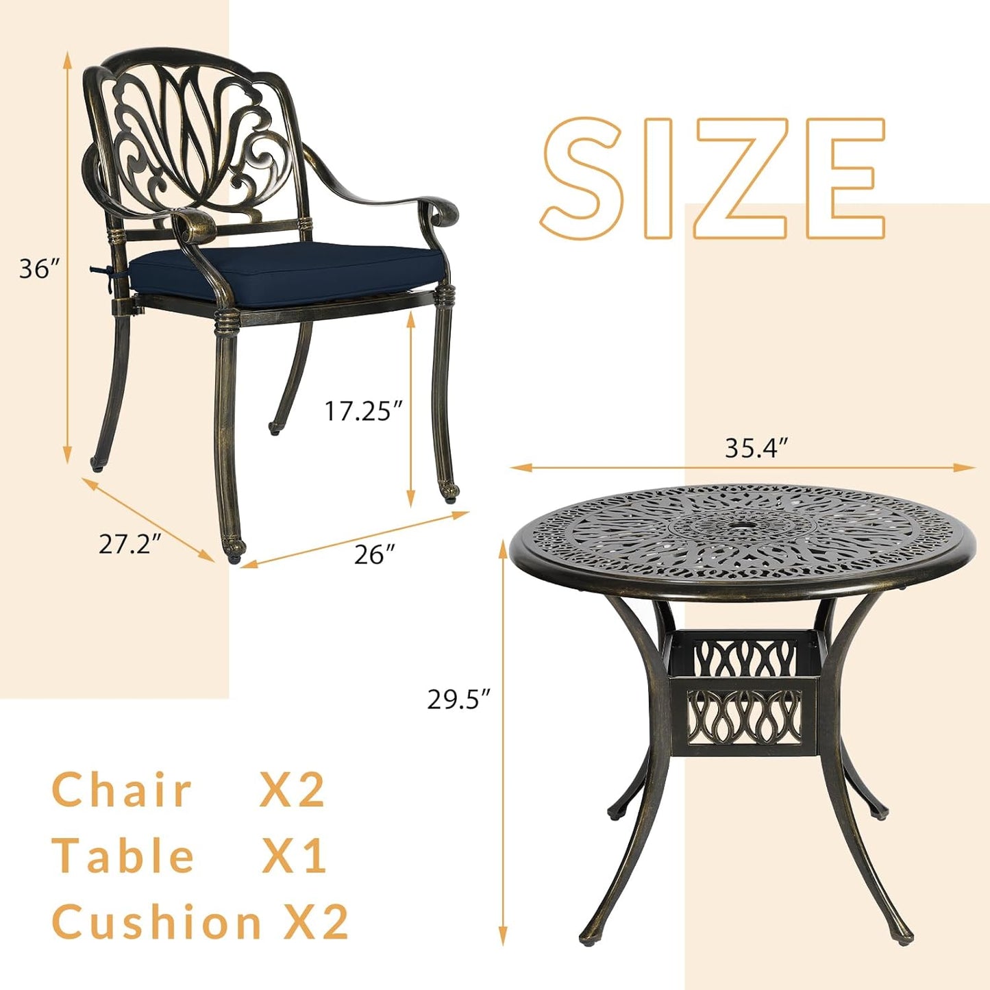 3-Piece Outdoor Patio Dining Set, All-Weather Cast Aluminum Patio Furniture Set for Backyard Garden Deck with 2 Cushioned Chairs and 35.4” Round Table, 2" Umbrella Hole, Navy Blue