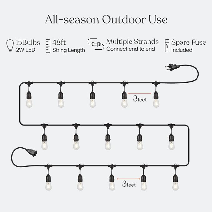 Brightech Ambience Pro - Waterproof LED Outdoor String Lights - 15 Hanging, Dimmable 2W Vintage Edison Bulbs - 48 Ft Commercial Grade Patio Lights Create Cafe Ambience in Your Backyard