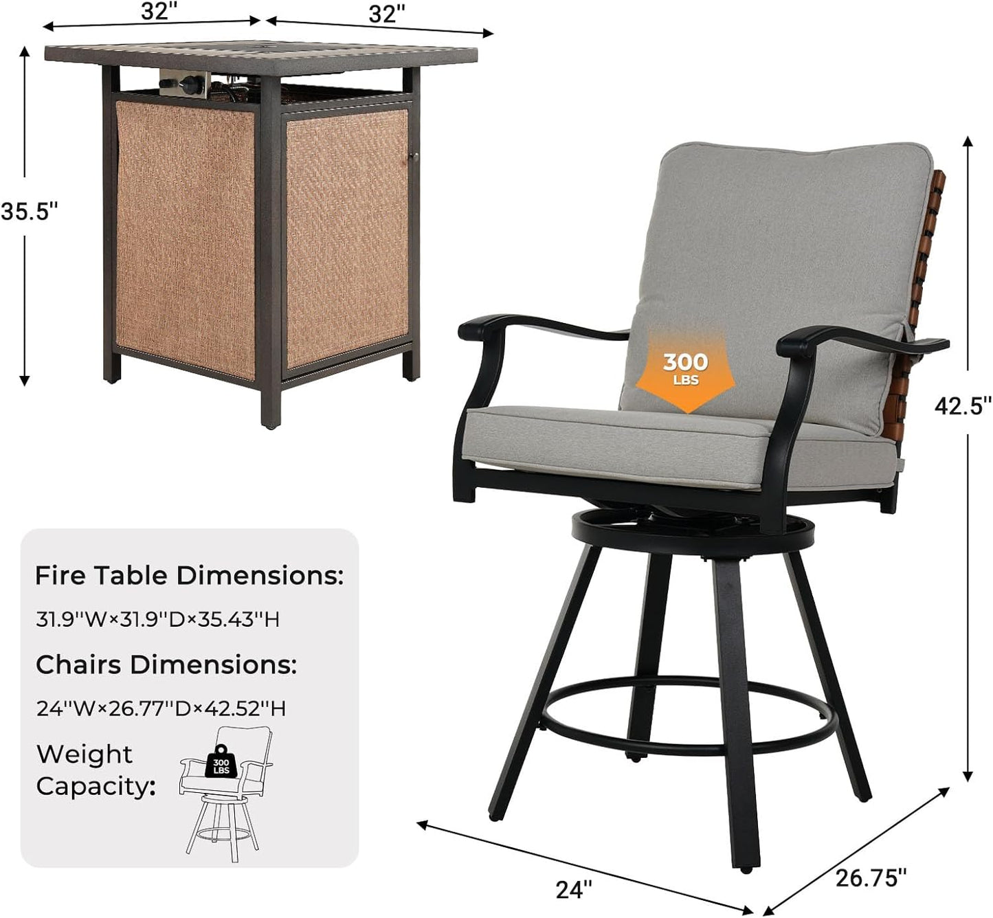 Grand patio 5-Piece Swivel Patio Bar Set with Fire Pit Table 40,000 BTU Heat Output, Leather-Look Wicker Outdoor Height Patio Bar Stools Set of 5, Patio Bar Height Chairs with High Back and