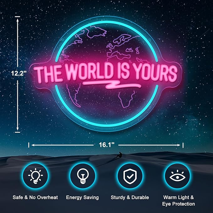 The World Is Yours Neon Sign, Carved Planet The World Is Yours LED Neon Light Lamp for Wall Decor, Light Up Signs for Office Wedding Man Cave Game Room Bedroom Birthday Gift