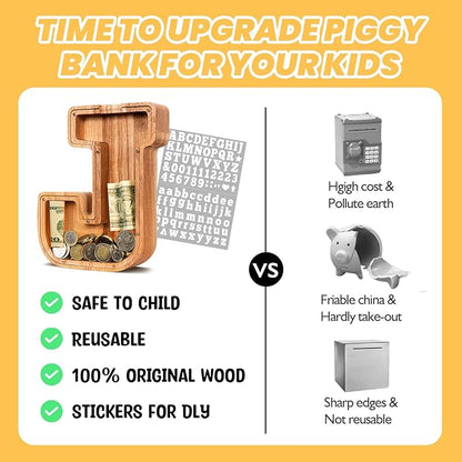 KMC Wooden Letter Piggy Bank, Personalized Initial Piggy Bank for Kids Boys, Clear Alphabet J Wood Money Box, Unbreakable Coin Saving Jar, Birthday, for Children