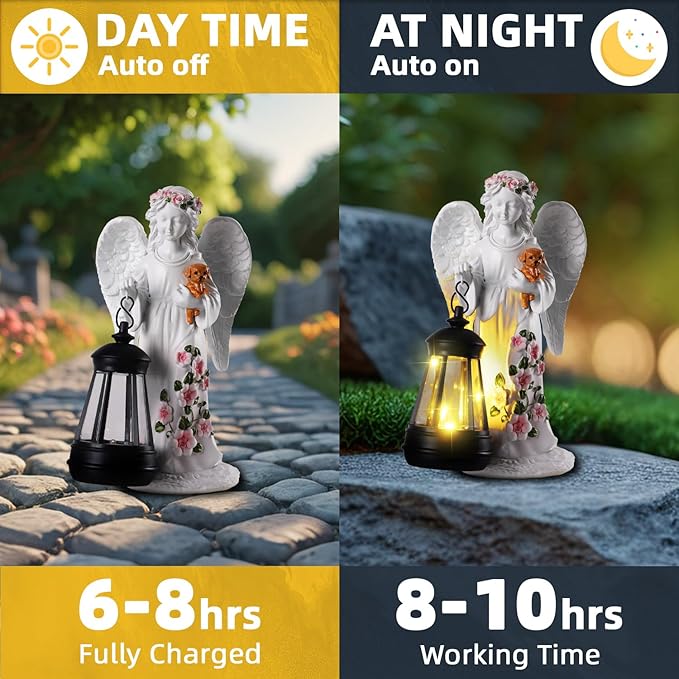Solar Garden Decor - Angel Statues with Solar Lantern 8.7" Resin Angel Figurines Outdoor Waterproof Decorations for Yard Patio Lawn Porch Gardening Gift for Women Mother Girlfriend Wife