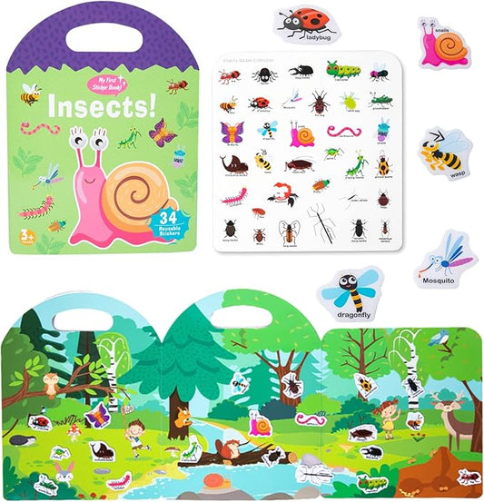 Jelly Reusable Sticker Books for Toddlers 1-3 2-4 Years, Portable Travel Toys Sticker Activity Book for Kids 2 3 4 Year Old Girls Boys (Insects)