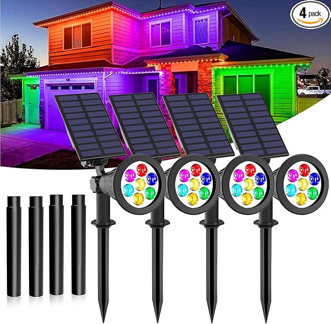 T-SUNUS Solar Landscape Spotlights Color Changing 4 Pack IP55 Waterproof Outdoor Christmas & Halloween RGB Pond Lights for Flag Yard Pathway Pool Patio Auto On/Off Adjustable Colorful Garden Lighting