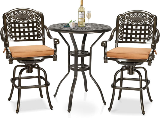 3-Piece Patio Swivel Bar Set, High Top Bar Table & Chairs, All-Weather Cast Aluminum Swivel Bar Stools (2) & 31" Table, Patio Bistro Set for Garden