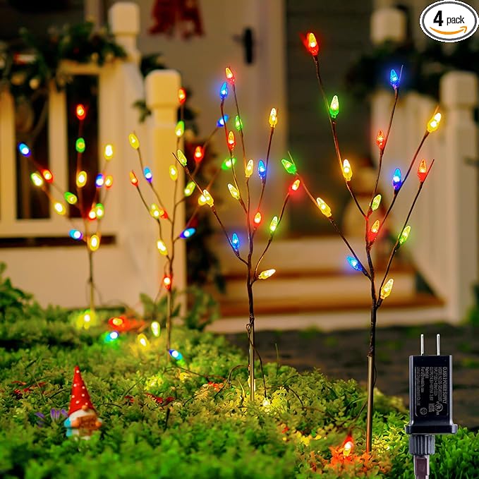 Brightown Christmas Pathway Lights Outdoor, 4 Packs Lighted Branch Lights Plug in, C6 Driveway Christmas Lights, Outdoor Christmas Stems Outdoor Decorations Yard, Multicolor