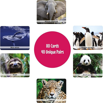Menique Wild Animals Memory Matching Game – 80 Cards (40 Pairs) with Real Photos – Includes Educational Booklet with Animal Facts – Fun & Cognitive Game for Kids and Adults