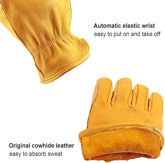 OZERO Leather Work Gloves for Men: 3 Pairs Driver Gloves Abrasion Resistant Cowhide with Reinforced Palm for Heavy Duty Gardening Yard Work DIY Gold X-Large