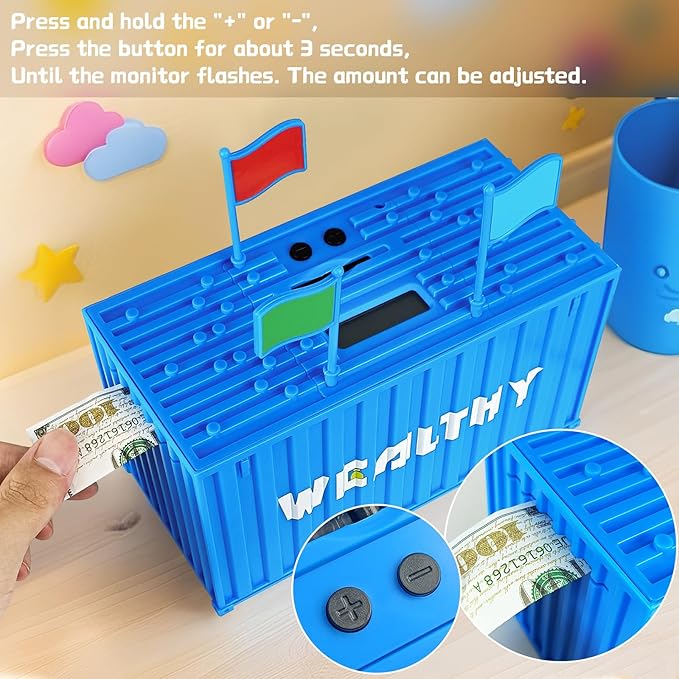 Piggy Bank for Kids, Unbreakable Building Blocks Container Money Saving Box for Adults, Digital Coin Counting Bank with LCD Counter, Great Children’s Gifts for Birthday, Easter, Christmas Blue