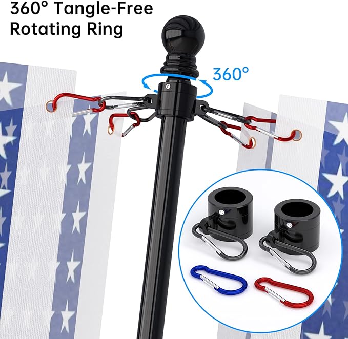 ZMTECH 2 Pack 6FT Black Flag Pole Kit for Outside House with Solar Light & Proud American Flag, 180° Adjustable Bracket and Upgraded Tangle-Free Ring 1" Stainless Steel Flagpole, Residential, Commercial