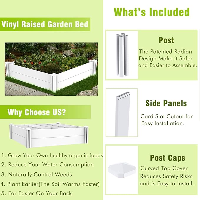 Raised Garden Bed Kit 4'x4' Outdoor Above Ground Planter Box for Growing Vegetables Flowers Herbs, DIY Gardening, Whelping Pen and More, Screwless White Vinyl Garden Bed with Grid