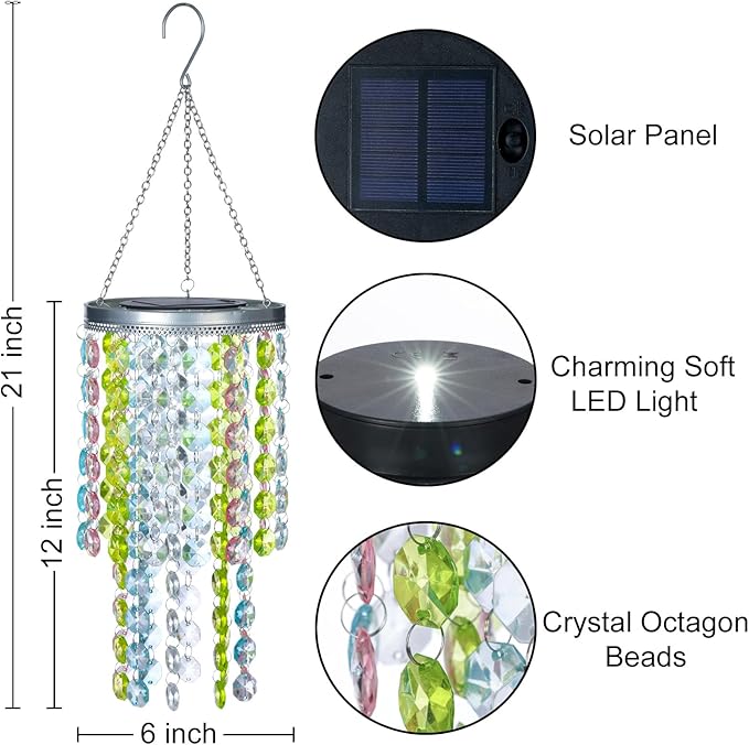 Hanging Solar Crystal Chandelier Outdoor, 21” Modern Solar Multicolor Acrylic Beaded Lantern with Cool White LED S Hooks for Garden Yard Patio Gazebo Outside Decor