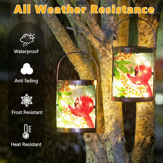 2 Pack Cardinal Solar Lanterns Outdoor Waterproof, Hanging Tabletop Solar Lantern with LED Light for Garden Yard Lawn