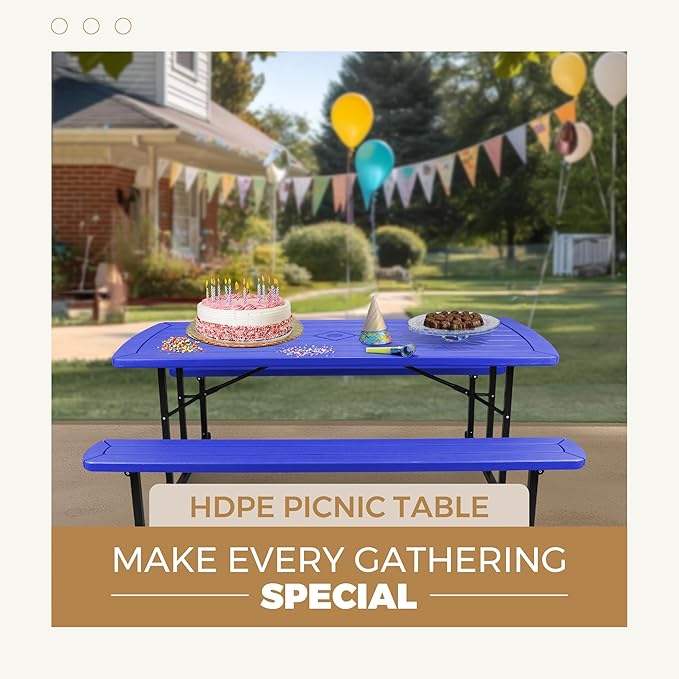 OEF Furnishings Heavy Duty Blow Molded Folding Picnic Table - Blue, Black Fram