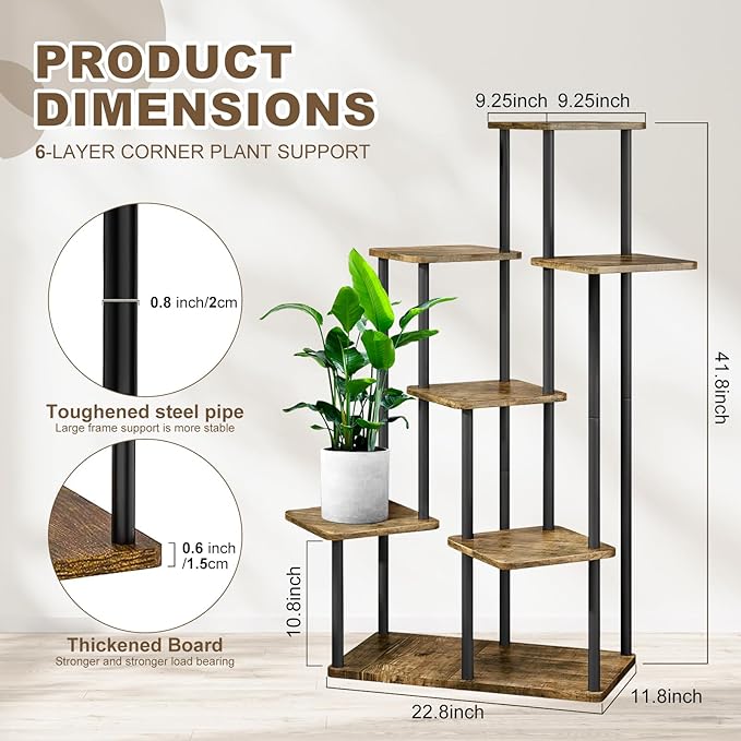 7 Tier Wood Tall Plant Stand Metal Rack Indoor, Multiple Flower Pot Holder Shelves Corner Rack, Planter Shelf Display Rack Storage Organizer for Patio Living Room Balcony Garden(Black)