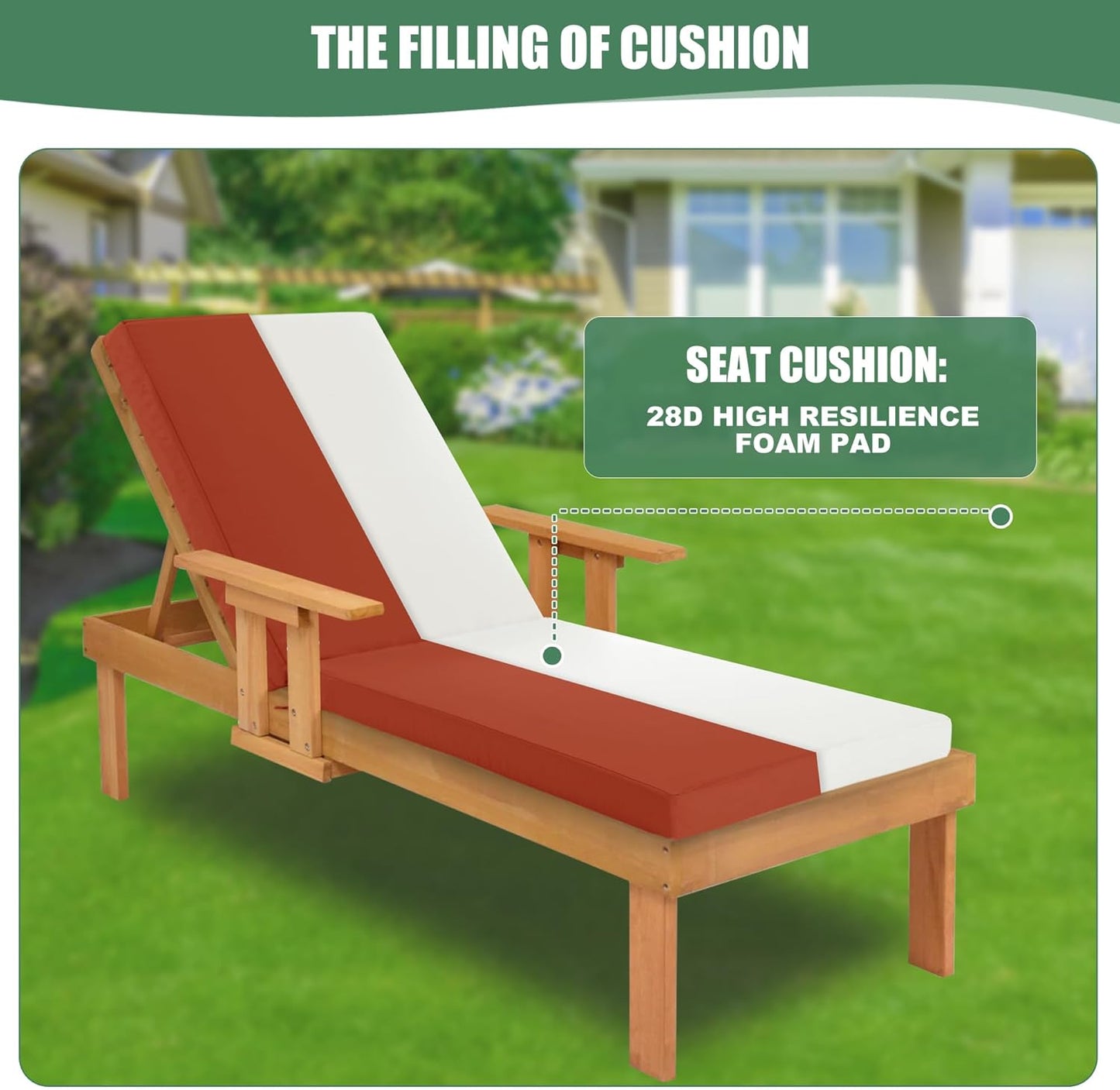 Chaise Lounge Cushions Outdoor Set of 4 - Waterproof and Fade Resistant Sun Lounger Replacement Cushions - Patio Lounger Pads with Removable Cover for Pool, Deck, 72 x 21 x 3 Inch, Rust