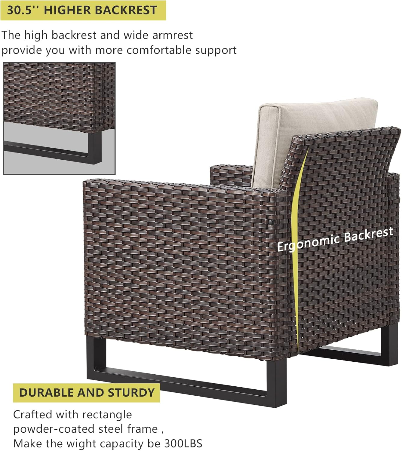 HUMMUH Patio Chairs Set of 2 PE Wicker Outdoor Dining Chairs High Back Deep Seating Porch Chairs with 4inch Seat Cushions
