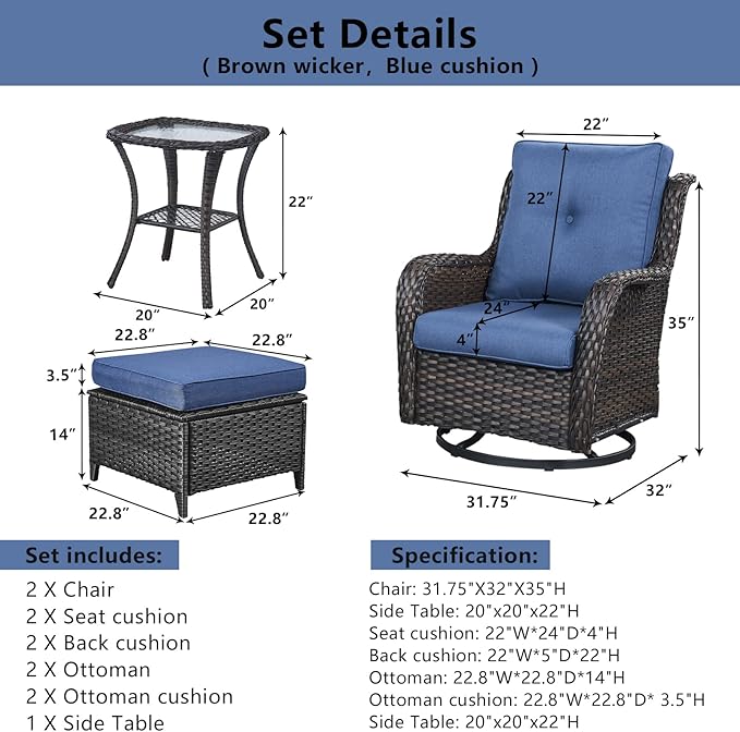 5 Pieces Patio Furniture Sets Wicker Outdoor Furniture, Rattan Patio Swivel Glider Chairs with 2 Ottoman and Glass Side Table
