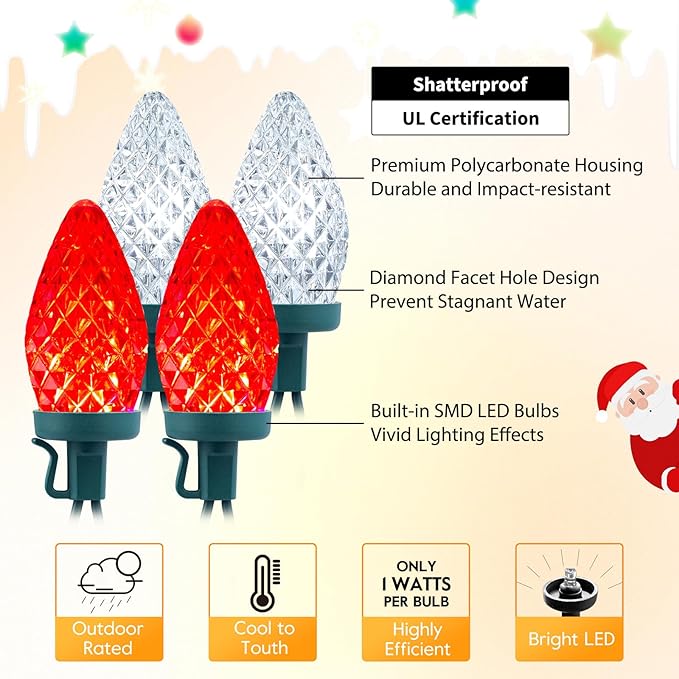 Brightown C9 LED Christmas String Lights, 66ft 100 LED Waterproof Strawberry String Lights, Plug-in Extendable Green Wire Lights String for Outdoor Outside Patio Party Decoration, Red and White