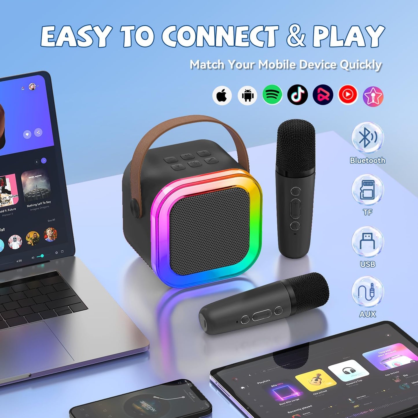 【2025 Newest】 Mini Karaoke Machine for Kids Girls & Boys - Portable Bluetooth Speaker with 2 Wireless Microphones - Kids Birthday Gifts for Ages 4-10 - Kids' Instrument Accessories - Black