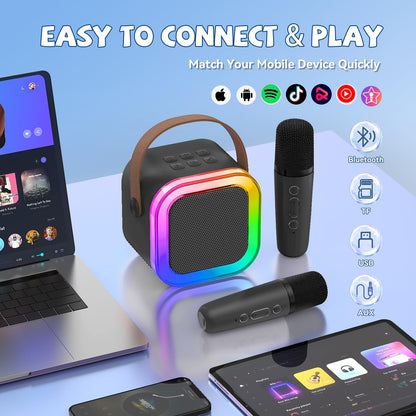 【2025 Newest】 Mini Karaoke Machine for Kids Girls & Boys - Portable Bluetooth Speaker with 2 Wireless Microphones - Kids Birthday Gifts for Ages 4-10 - Kids' Instrument Accessories - Black