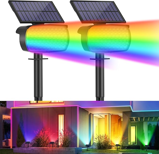 Solar Color Changing Spot Lights Outdoor, Solar Christmas Lights Outdoor IP65 Waterproof, Multicolor Solar Landscape Spotlights, Large Solar Panel Solar Powered Yard Garden Pathway Light 2 Pack