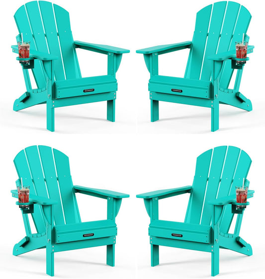 MUCHENGHY Folding Adirondack Chairs 4 Pack, Patio Chairs, Outdoor Chairs, Adirondack Chair Plastic, Fire Pit Chairs, Weather Resistant with Cup Holder for Deck, Backyard, Garden(Lake Blue)