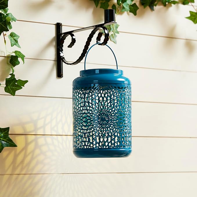 Glitzhome Solar Lantern Blue Metal Cutout Scrollwork Outdoor Hanging Solar Light with Handle for Garden Patio Yard Outdoor Decor