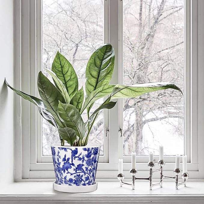 Blue and White Ceramic Pots for Plants, 4.8" + 5.5" Decorative Plant Pots Round Ceramic Planters for Indoor Plants Pots with Drainage Hole Saucers, Retro Planter Pot for Succulents Cactus Flower Pots