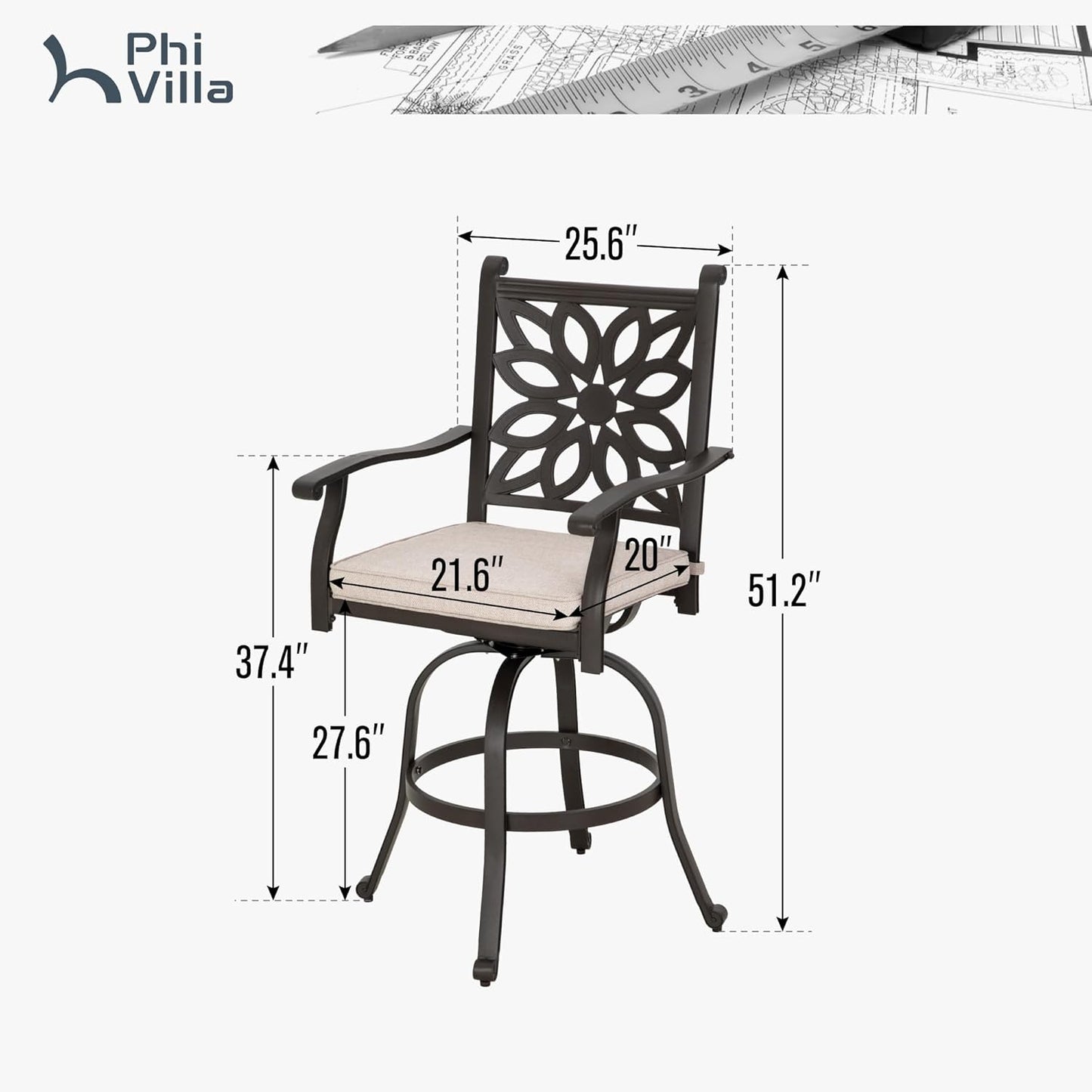 PHI VILLA Outdoor Swivel Bar Stools Set of 4, Cast Aluminum Patio Pub Height Bar Stool & Chairs with Seat Cushion