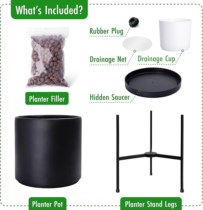 D'vine Dev Modern Black Plants Pot Cylinder Planter with Heavy Duty Stand, Large 12 Inch Pot, 17.6 Inch with Stand Height, 96-T-B-3