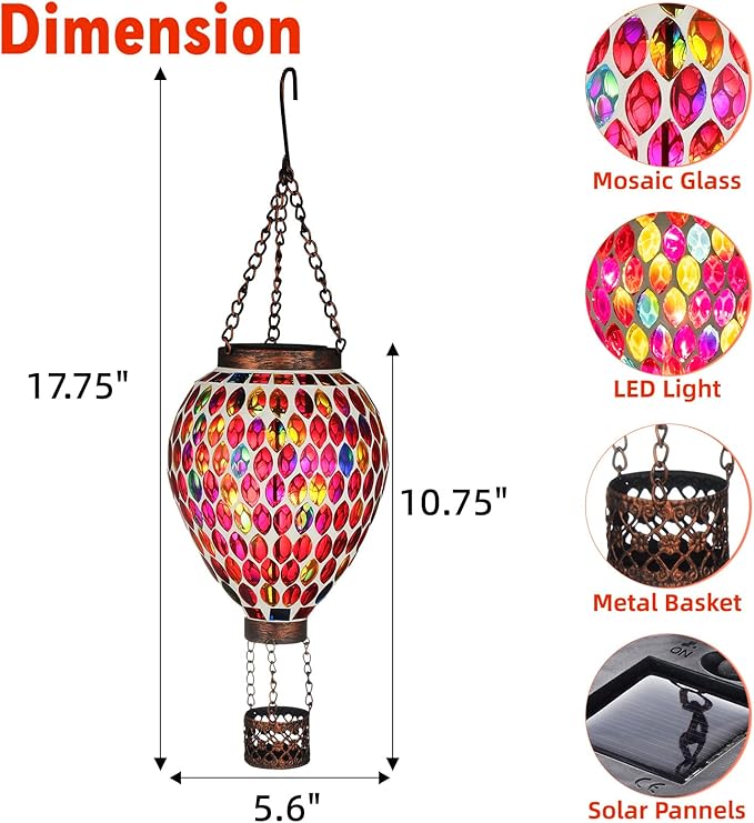 VOREEN Hot Air Balloon Solar Lantern, Mosaic Solar Outdoor Hanging Wind Light, Waterproof, Patio Festive Decor, Easter Gifts for Mom Father Grandma, Red