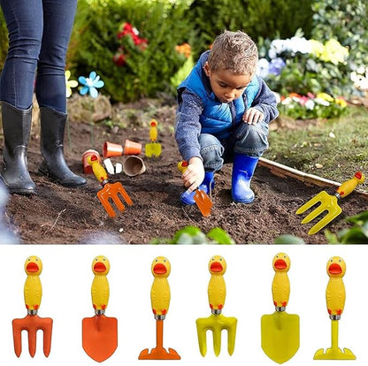 Kids Gardening Set Yellow Duck Handle, 6 Pieces (Organe+ Yellow), Kids Garden Tool Set Kids Beach Shovel Sandbox Play Toy Garden Hand Tool