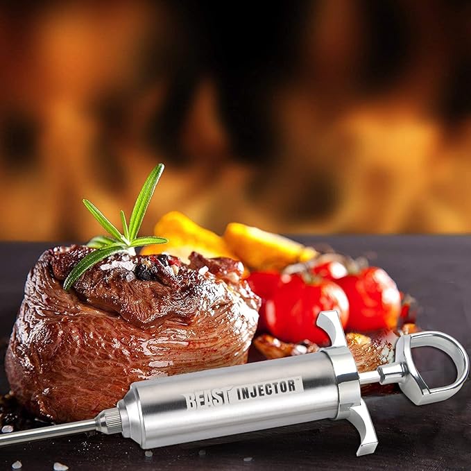 Grill Beast - 304 Stainless Steel Meat Injector Kit with 2-oz Large Capacity Barrel and 3 Professional Marinade Needles
