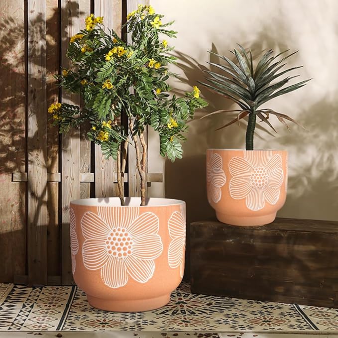 YBX 8 Inch + 6 Inch White Flower Pattern Plant Pots, Sand Glazed Ceramic Planter with Drainage Hole, Flower Pots for Indoor Plants, Orange