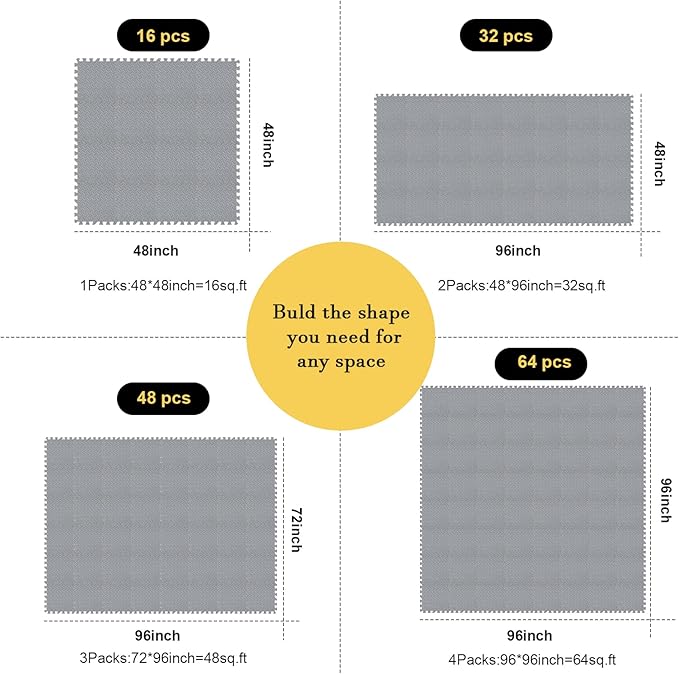 Shihanee Foam Floor Baby Tiles Foam Floor Mats Play Mats Bulk with Borders Interlocking for Kids Baby Playroom Nursery Gym (Gray,64ft)