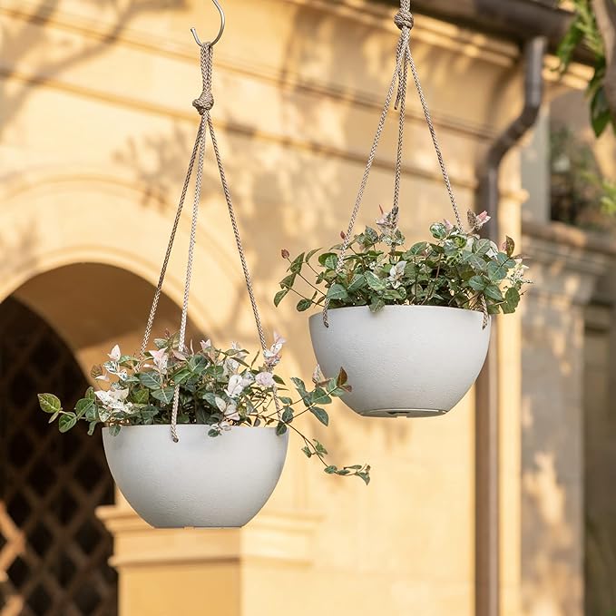 La Jolie Muse White Hanging Planter Basket - 8 Inch Indoor Outdoor Flower Pots, Plant Containers W/ Drainage Hole, Plant Pot for Hanging Plants, Pack 2